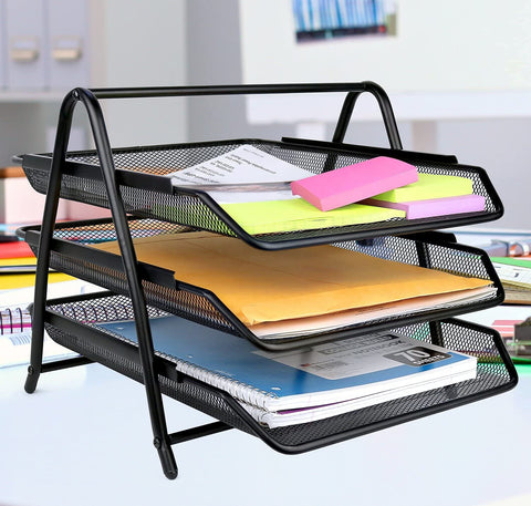 Streamline Your Desk: Metal Mesh 3 Tier Paper Tray Organizer - Stackable File Rack for Office Desktop Organization and Storage